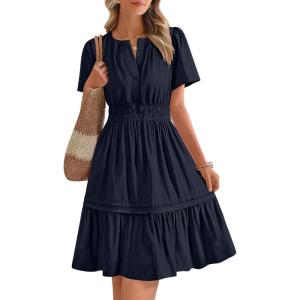 imageBTFBM Womens Casual Dresses 2025 Summer Spring V Neck Short Sleeve Sundress Smocked Waist A Line Tiered Mini DressNavy