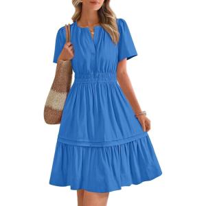 imageBTFBM Womens Casual Dresses 2025 Summer Spring V Neck Short Sleeve Sundress Smocked Waist A Line Tiered Mini DressRoyal Blue