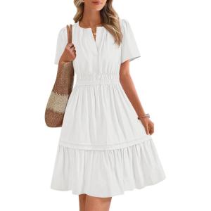 imageBTFBM Womens Casual Dresses 2025 Summer Spring V Neck Short Sleeve Sundress Smocked Waist A Line Tiered Mini DressWhite
