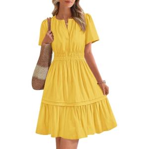 imageBTFBM Womens Casual Dresses 2025 Summer Spring V Neck Short Sleeve Sundress Smocked Waist A Line Tiered Mini DressYellow