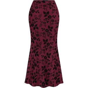 imageBTFBM Womens Floral Mesh Midi Skirt Elastic High Waisted Boho Elegant Mermaid 2025 Summer Fall Long Skirts for WomenBurgundy
