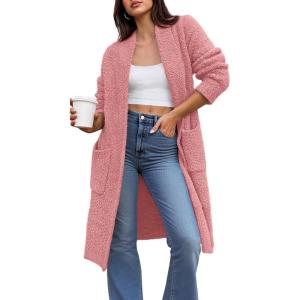 imageBTFBM Womens Long Cardigan Sweater Fall Winter 2025 Long Sleeve Sweaters Coat Open Front Loose Casual Knit OutwearPink