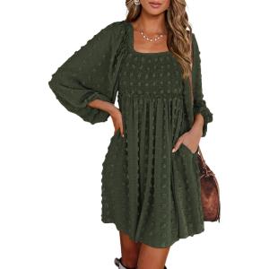 imageBTFBM Womens Long Sleeve Dress Vacation Square Neck Smocked Floral Swiss Dot Mini Boho Fall Wedding Guest Dresses 2025Army Green