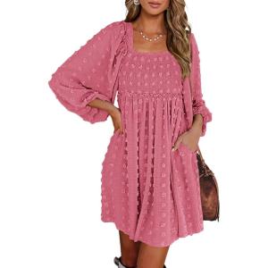 imageBTFBM Womens Long Sleeve Dress Vacation Square Neck Smocked Floral Swiss Dot Mini Boho Fall Wedding Guest Dresses 2025Bean Paste Red