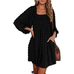 imageBTFBM Womens Long Sleeve Dress Vacation Square Neck Smocked Floral Swiss Dot Mini Boho Fall Wedding Guest Dresses 2025Black