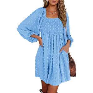 imageBTFBM Womens Long Sleeve Dress Vacation Square Neck Smocked Floral Swiss Dot Mini Boho Fall Wedding Guest Dresses 2025Blue