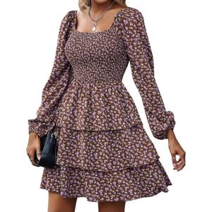 imageBTFBM Womens Long Sleeve Dress Vacation Square Neck Smocked Floral Swiss Dot Mini Boho Fall Wedding Guest Dresses 2025Floral Brown