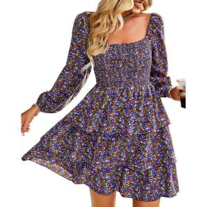 imageBTFBM Womens Long Sleeve Dress Vacation Square Neck Smocked Floral Swiss Dot Mini Boho Fall Wedding Guest Dresses 2025Floral Purple Red