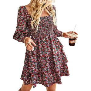 imageBTFBM Womens Long Sleeve Dress Vacation Square Neck Smocked Floral Swiss Dot Mini Boho Fall Wedding Guest Dresses 2025Floral Red Pink