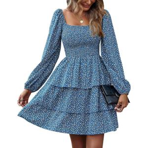 imageBTFBM Womens Long Sleeve Dress Vacation Square Neck Smocked Floral Swiss Dot Mini Boho Fall Wedding Guest Dresses 2025Floral Royal Blue