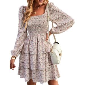 imageBTFBM Womens Long Sleeve Dress Vacation Square Neck Smocked Floral Swiss Dot Mini Boho Fall Wedding Guest Dresses 2025Floral White Red