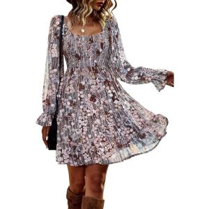 imageBTFBM Womens Long Sleeve Dress Vacation Square Neck Smocked Floral Swiss Dot Mini Boho Fall Wedding Guest Dresses 2025Print Flower Brown