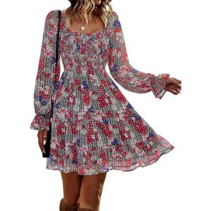 imageBTFBM Womens Long Sleeve Dress Vacation Square Neck Smocked Floral Swiss Dot Mini Boho Fall Wedding Guest Dresses 2025Print Flower Red