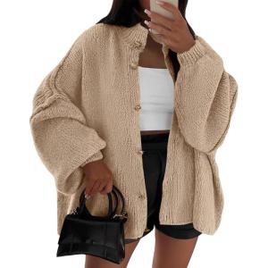 imageBTFBM Womens Oversized Cardigans 2025 Fall Winter Outerwear Lantern Long Sleeve Button Down Chunky Knit Sweaters CoatsApricot