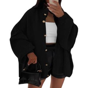 imageBTFBM Womens Oversized Cardigans 2025 Fall Winter Outerwear Lantern Long Sleeve Button Down Chunky Knit Sweaters CoatsBlack