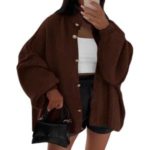imageBTFBM Womens Oversized Cardigans 2025 Fall Winter Outerwear Lantern Long Sleeve Button Down Chunky Knit Sweaters CoatsBrown