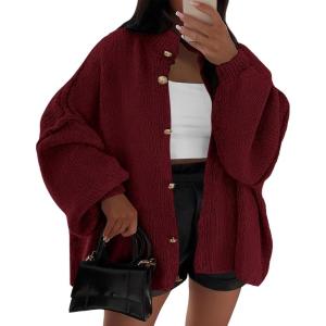 imageBTFBM Womens Oversized Cardigans 2025 Fall Winter Outerwear Lantern Long Sleeve Button Down Chunky Knit Sweaters CoatsBurgundy