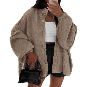 imageBTFBM Womens Oversized Cardigans 2025 Fall Winter Outerwear Lantern Long Sleeve Button Down Chunky Knit Sweaters CoatsCamel