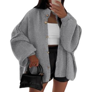 imageBTFBM Womens Oversized Cardigans 2025 Fall Winter Outerwear Lantern Long Sleeve Button Down Chunky Knit Sweaters CoatsGrey