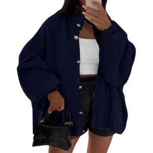 imageBTFBM Womens Oversized Cardigans 2025 Fall Winter Outerwear Lantern Long Sleeve Button Down Chunky Knit Sweaters CoatsNavy Blue