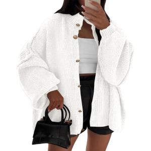 imageBTFBM Womens Oversized Cardigans 2025 Fall Winter Outerwear Lantern Long Sleeve Button Down Chunky Knit Sweaters CoatsWhite
