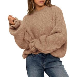 imageBTFBM Womens Oversized Sweater Crewneck Long Sleeve Fuzzy Knit Chunky Pullover Sweaters 2025 Fall Winter Trendy OutfitsCamel