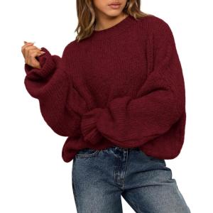imageBTFBM Womens Oversized Sweater Crewneck Long Sleeve Fuzzy Knit Chunky Pullover Sweaters 2025 Fall Winter Trendy OutfitsWine Red