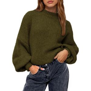 imageBTFBM Womens Pullover Sweaters Fall Winter 2025 Crew Neck Lantern Long Sleeve Casual Oversized Knit Sweater TopsArmy Green