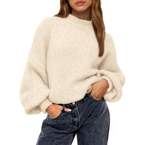 imageBTFBM Womens Pullover Sweaters Fall Winter 2025 Crew Neck Lantern Long Sleeve Casual Oversized Knit Sweater TopsBeige