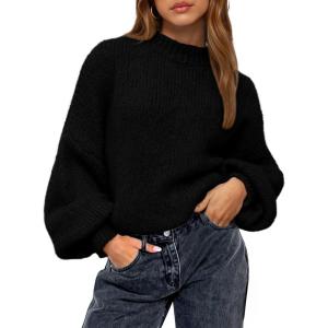 imageBTFBM Womens Pullover Sweaters Fall Winter 2025 Crew Neck Lantern Long Sleeve Casual Oversized Knit Sweater TopsBlack