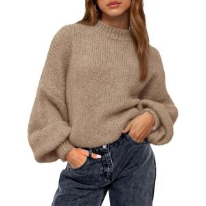 imageBTFBM Womens Pullover Sweaters Fall Winter 2025 Crew Neck Lantern Long Sleeve Casual Oversized Knit Sweater TopsKhaki