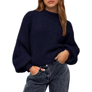 imageBTFBM Womens Pullover Sweaters Fall Winter 2025 Crew Neck Lantern Long Sleeve Casual Oversized Knit Sweater TopsNavy