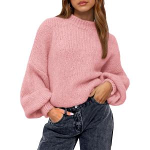 imageBTFBM Womens Pullover Sweaters Fall Winter 2025 Crew Neck Lantern Long Sleeve Casual Oversized Knit Sweater TopsPink
