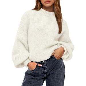 imageBTFBM Womens Pullover Sweaters Fall Winter 2025 Crew Neck Lantern Long Sleeve Casual Oversized Knit Sweater TopsWhite