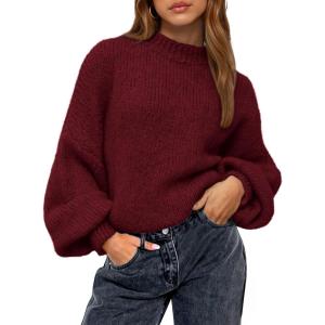 imageBTFBM Womens Pullover Sweaters Fall Winter 2025 Crew Neck Lantern Long Sleeve Casual Oversized Knit Sweater TopsWine Red