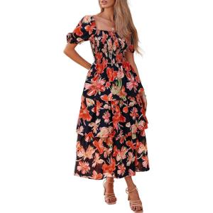 imageBTFBM Womens Square Neck Smocked Dress Summer Puff Short Sleeve Floral Casual Ruffle Tiered Maxi Wedding Guest DressesFloral Black Orange