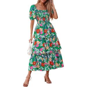 imageBTFBM Womens Square Neck Smocked Dress Summer Puff Short Sleeve Floral Casual Ruffle Tiered Maxi Wedding Guest DressesFloral Green Orange