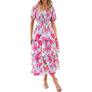 imageBTFBM Womens Square Neck Smocked Dress Summer Puff Short Sleeve Floral Casual Ruffle Tiered Maxi Wedding Guest DressesFloral Light Blue Pink