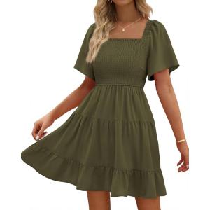 imageBTFBM Womens Summer Smocked Mini Dress Square Neck Flutter Sleeve Casual Ruffle Flared Swing Boho Beach Dresses PocketsArmy Green