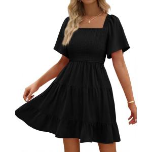 imageBTFBM Womens Summer Smocked Mini Dress Square Neck Flutter Sleeve Casual Ruffle Flared Swing Boho Beach Dresses PocketsBlack