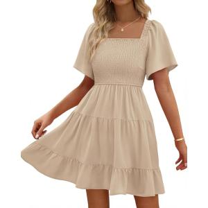 imageBTFBM Womens Summer Smocked Mini Dress Square Neck Flutter Sleeve Casual Ruffle Flared Swing Boho Beach Dresses PocketsKhaki