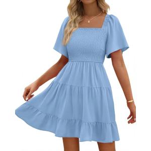 imageBTFBM Womens Summer Smocked Mini Dress Square Neck Flutter Sleeve Casual Ruffle Flared Swing Boho Beach Dresses PocketsLight Blue