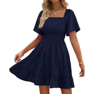 imageBTFBM Womens Summer Smocked Mini Dress Square Neck Flutter Sleeve Casual Ruffle Flared Swing Boho Beach Dresses PocketsNavy
