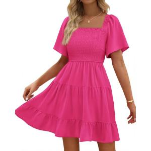 imageBTFBM Womens Summer Smocked Mini Dress Square Neck Flutter Sleeve Casual Ruffle Flared Swing Boho Beach Dresses PocketsRose Red