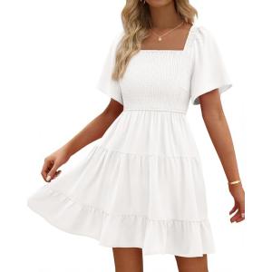 imageBTFBM Womens Summer Smocked Mini Dress Square Neck Flutter Sleeve Casual Ruffle Flared Swing Boho Beach Dresses PocketsWhite