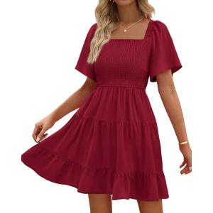 imageBTFBM Womens Summer Smocked Mini Dress Square Neck Flutter Sleeve Casual Ruffle Flared Swing Boho Beach Dresses PocketsWine Red