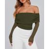 imageBTFBM Off The Shoulder Tops for Women 2025 Long Sleeve Shirts Y2K Slim Fit Going Out Tops Ruched Stretchy Mesh Crop TopArmy Green