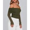 imageBTFBM Off The Shoulder Tops for Women 2025 Long Sleeve Shirts Y2K Slim Fit Going Out Tops Ruched Stretchy Mesh Crop TopArmy Green
