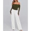 imageBTFBM Off The Shoulder Tops for Women 2025 Long Sleeve Shirts Y2K Slim Fit Going Out Tops Ruched Stretchy Mesh Crop TopArmy Green