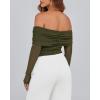 imageBTFBM Off The Shoulder Tops for Women 2025 Long Sleeve Shirts Y2K Slim Fit Going Out Tops Ruched Stretchy Mesh Crop TopArmy Green